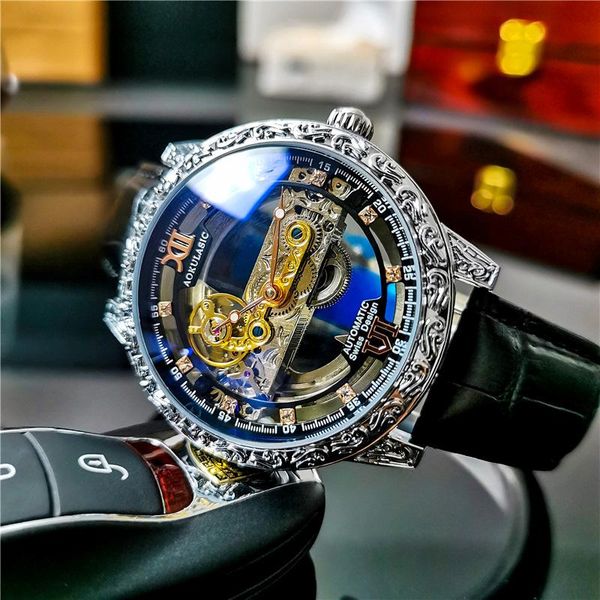 

wristwatches aokulasic automatic self-wind mens watch 2021 double sided hollow out waterproof lumious men reloj hombre, Slivery;brown