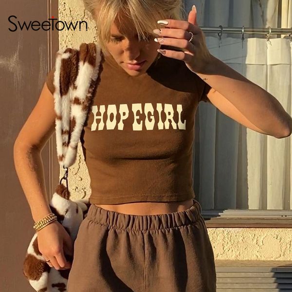 

sweetown brown vintage y2k baby tee woman tshirts letter print 90s aesthetic streetwear o neck short sleeve summer cropped top, Black;white