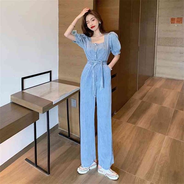 

summer vintage denim jumpsuit strappy square collar casual jeans fashion short-sleeved loose pants female 210514, Blue