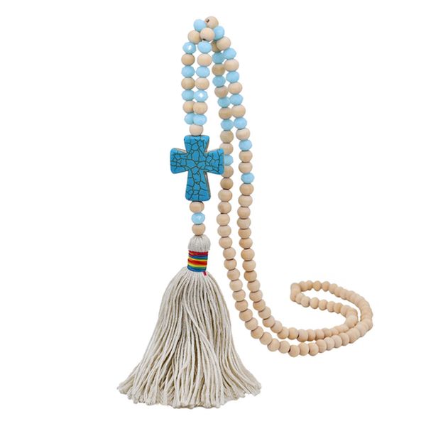 Böhmischer Schmuck, Quasten-Halskette, handgefertigte Holzperlen, Kristallsteine, Kreuz-Halsketten für Damen