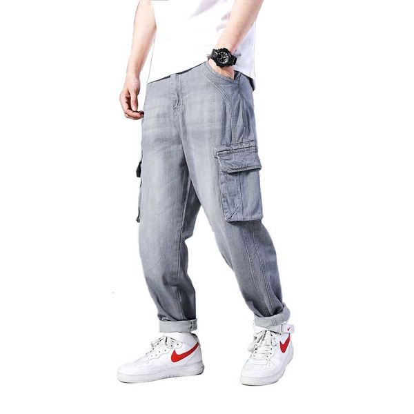 

jeans fashion man cargo pants loose baggy denim pockets trousers density plus size jeans men clothing, Blue