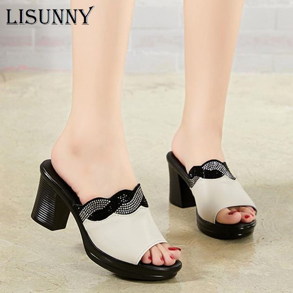 

slippers lisunny women 2021 ladies summer shoes high heels fashion rhinestone genuine leather, Black