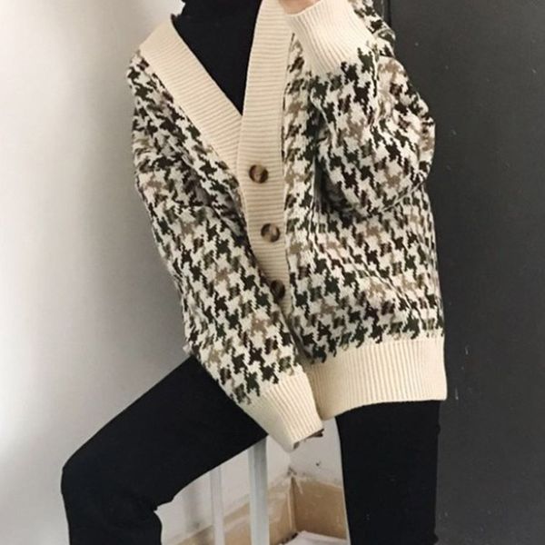 

houndstooth v neck women's knitted cardigans single breasted loose autumn winter long sleeve female sweater casual ladies jumper 210518, White