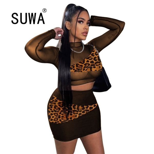 

see through mesh patchwork tie dye club outfits for women two piece sets long sleeve pullover sheath mini skirts 210525, White