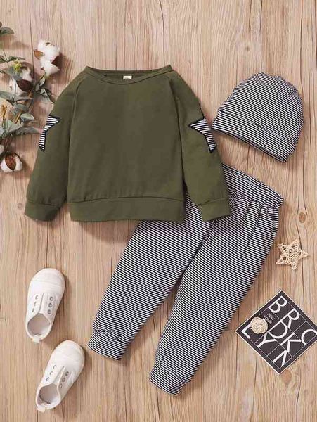 

baby striped star embroidered sweatshirt & sweatpants & hat she, White