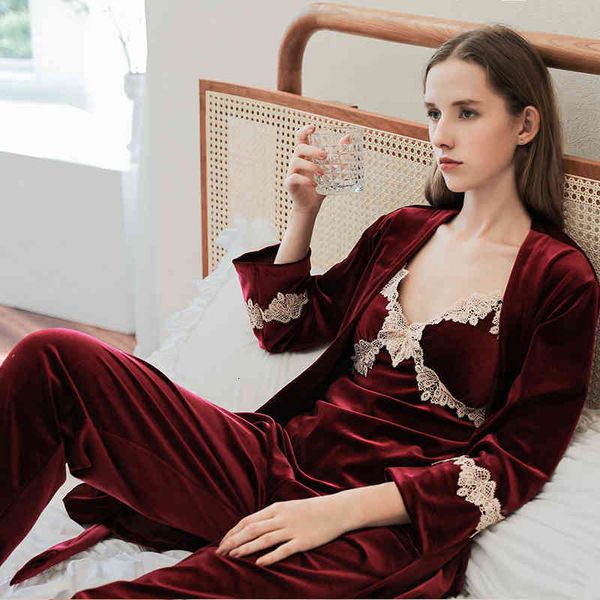 

sleepwear woman 3 pieces veet pajamas set robe sling trousers solid bathgown elegant sleepwear winter autumn homewear oj33 1532, Black;red