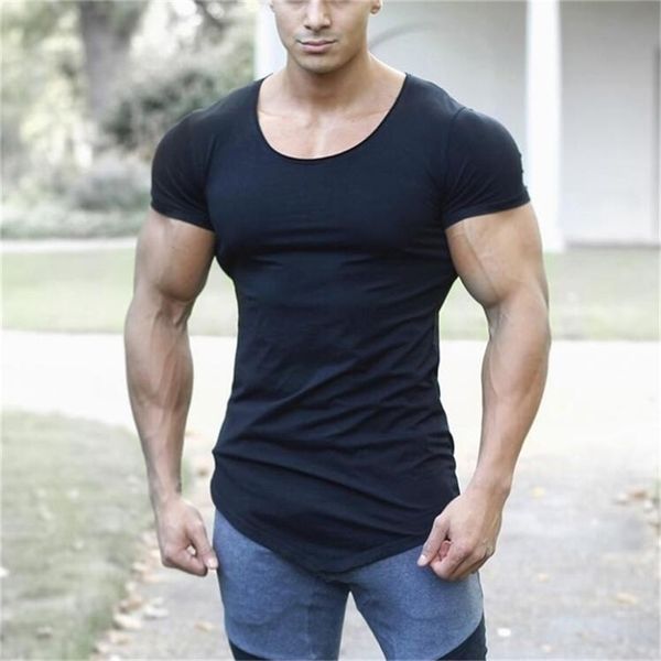 

brand solid clothing gyms t-shirt mens fitness tight t-shirt cotton slim fit t shirt men bodybuilding summer blank tshirt 210322, White;black
