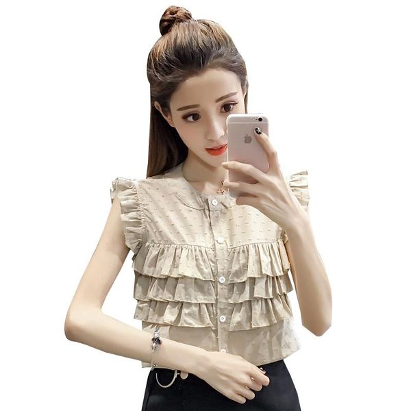 

women's blouses & shirts 2021 summer ruffles sleeveless stand neck 5059 small clear dew shoulder blouse shirt khaki white 1113