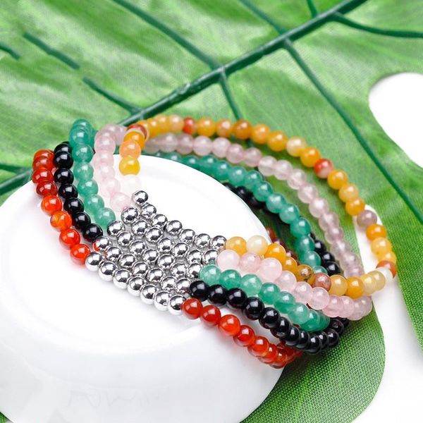 

valentines day gift agate beads elastic bracelet colorful natural stone jewelry metal charm beaded, strands, Black