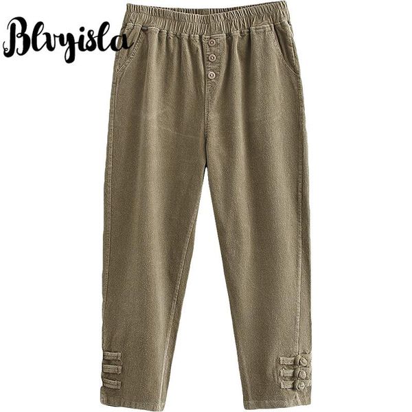 

women's pants & capris blvyisla 4xl plus size chinese retro buckle thicken elastic winter corduroy pant women super amazing solid overs, Black;white