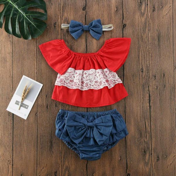 

baby & children's infant kids girls off-shoulder lace +bowknot ruffle shorts summer clothing sets, White