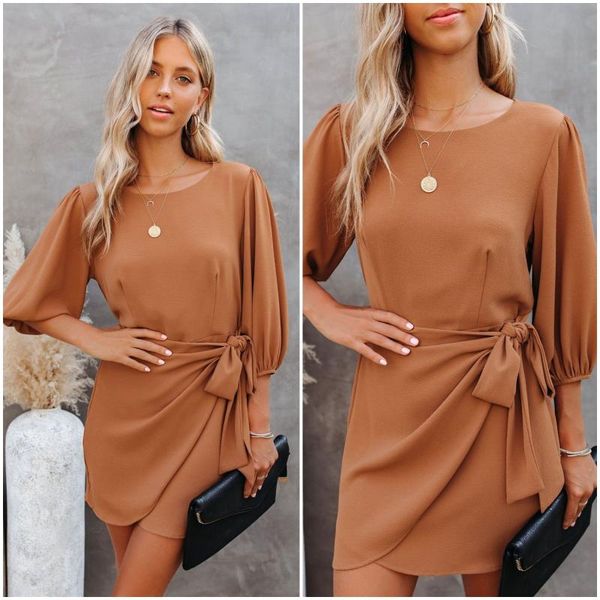 

casual dresses 2021 women's solid color round neck irregular chiffon mid-sleeve lace mid-waist one-piece midi dress, Black;gray