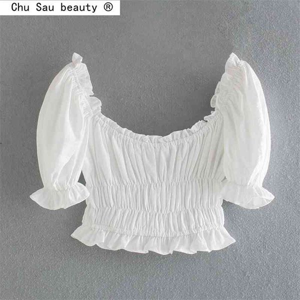 

summer square collar edible tree fungus pullover blouse womens puff sleeve short shirt solid color elastic fashion 210508, White