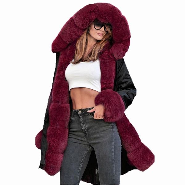 

women's fur & faux temperament winter jacket hooded collar coat, Black
