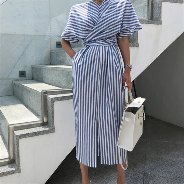 

blue striped long womens dresses plus size casual bodycon batwing sleeves womans clothes korean style vestidos de verano, Black;gray
