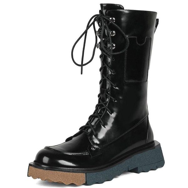 

boots lace up motorcycle genuine leather round toe shoe woman 2021 winter est med heels working casual size 40 41, Black