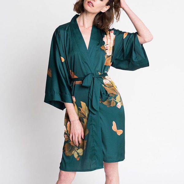 

women's sleepwear womens kimono floral printed 2pcs robe set summer soft ladies satin silky nightgown home wear pajamas #4, Black;red