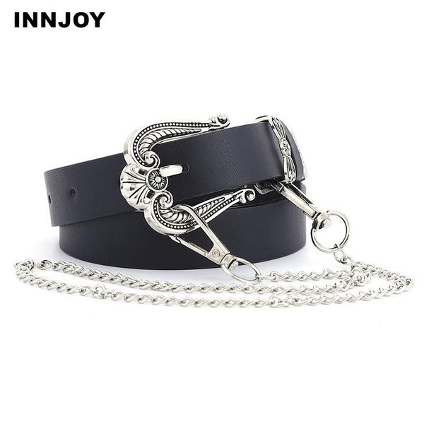 

women pu leather belt men punk style pin buckle decorative grommet black with chain woman waistband strap belts, Black;brown