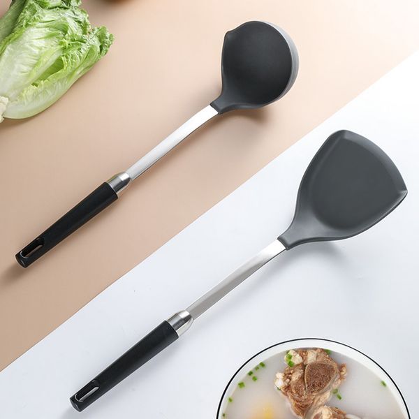 Silicone Cooking Utensils Turners Sopa Sopa Colher Aço Inoxidável Lidar com Heat-Resistant Pan Turner Shovel Scoop Scoop Cozinha Ferramentas Wly BH4718