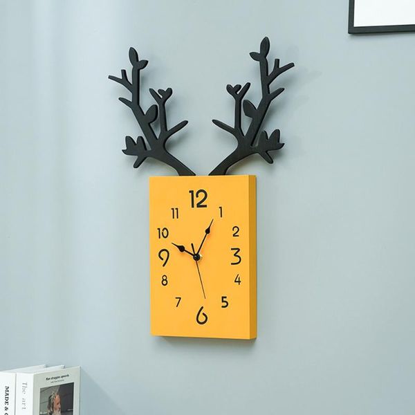 

wall clocks nordic wooden clock decorative creative deer antlers battery powered household silent for home livingroom decor