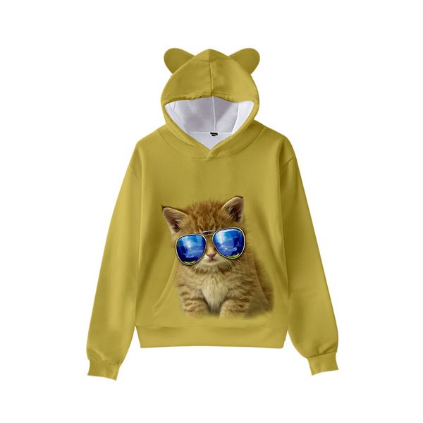 

sunglasses cat pattern cute boy girl clothes hooded 3d printing hooded sweater autumn early winter ears hooded pullover, Black