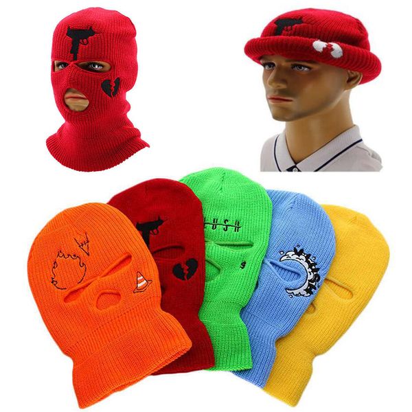 

motorcycle face masks embroidery knits cap cartoon windproof warm hat head caps 3 hole full face knit ski mask for motorcycles motor bike
