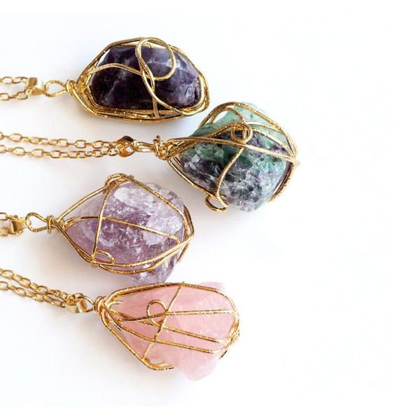 

chains liliang natural stone irregular gold color wrap wire pendant necklace women men crystal original necklaces jewelry, Silver