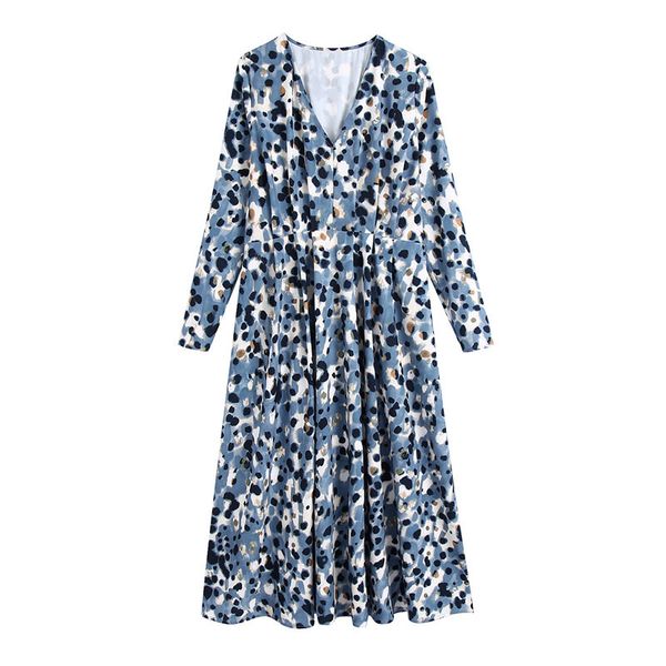

blsqr vintage leopard print pleated midi dress women animal pattern long sleeve casual dresses vestidos 210430, Black;gray
