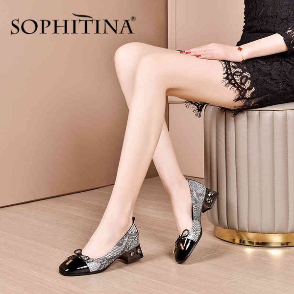 Sophitina Zarif Pompalar Kadın Patchwork Kelebek-Düğüm Kristal Tasarım Python Baskı Ayakkabı Yüksek Kaliteli İnek Deri Pompaları PO498 210513