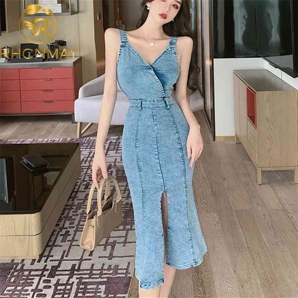 

summer casual waist hugging slim cable lock split dress women elegant strap a- line denim female 210520, Black;gray