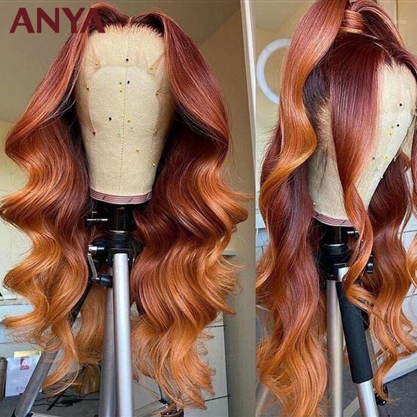 

anya orange ombre colored lace front human hair wigs pre plucked body wave hd maylasia 30inch virgin for black women1, Black;brown