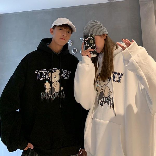 

men's hoodies & sweatshirts autumn ins bear print hooded sweater lovers casual clothes winter plus velvet thick coat hoodie tide, Black