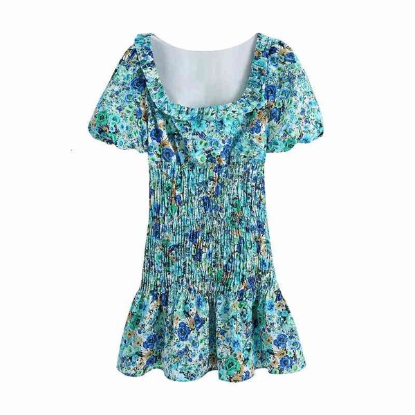 

casual dresses women square collar foral print za elastic waist mini chic lady short puff sleeve slim summer femme tz5b, Black;gray