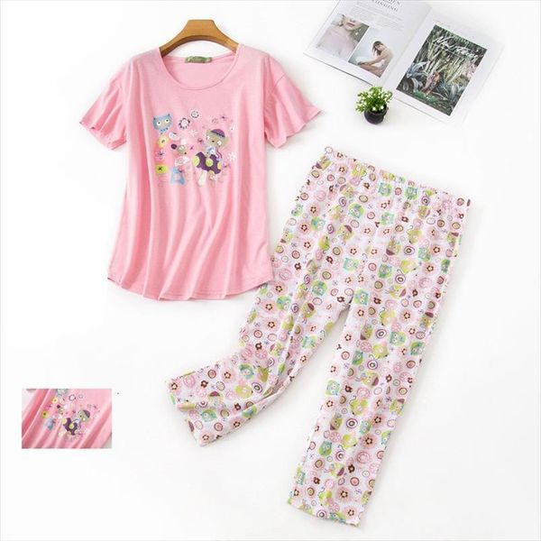 

pajamas pants short sleeve women sleepwear t shirt 2 piece set big size mom home cotton, Black;red