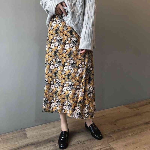 

skirts spring summer women long midi vintage cute elastic high waist a-line chiffon floral rokjes dames 1mih, Black