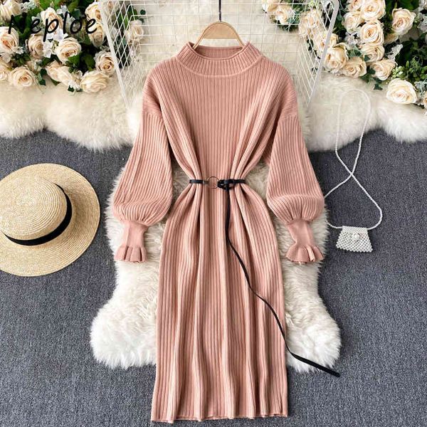 

neploe stand collar puff long sleeve knit sweater women high waist hip a line loose vestidos simple solid autumn winter sueter 210423, Black;gray