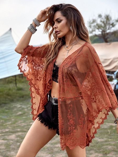 

scallop hem embroidery mesh kimono r4f6#, White;black