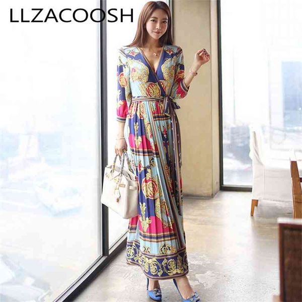 

luxury women long dress spring elegant v-neck floral print elegant 3/4 sleeve wrap maxi dress 210514, Black;gray