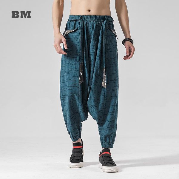 

men's pants chinese style loose plus size sports casual techwear printed crotch joggers baggy traditional clothing harajuku trousers, Black