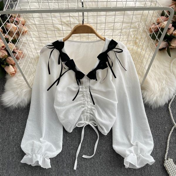 

women's blouses & shirts b595 women fashion autumn sweet v-neck long-sleeved bow-knot shirt lace-up waist thin short blouse, White