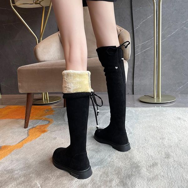 

boots winter lady flat heel round toe female shoes boots-women 2021 mid calf rock over-the-knee low rubber autumn, Black