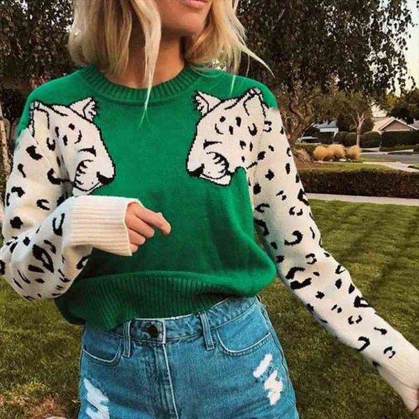 

green leopard sweater for women female animal print patchwork o-neck long sleeve plus size sweaters jumpers winter, White;black