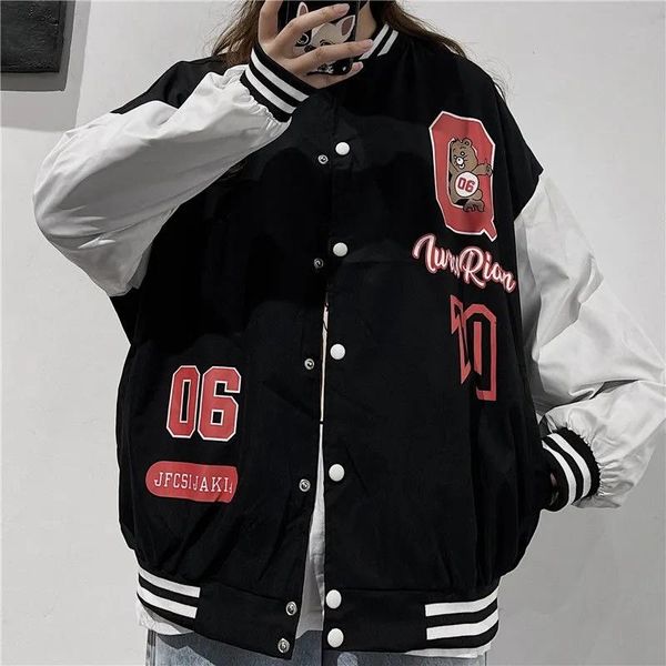 

women's jackets tsxt spring fall 2021 korean version of loose and comfortable sports style printed long-sleeve lapel baseball coat, Black;brown