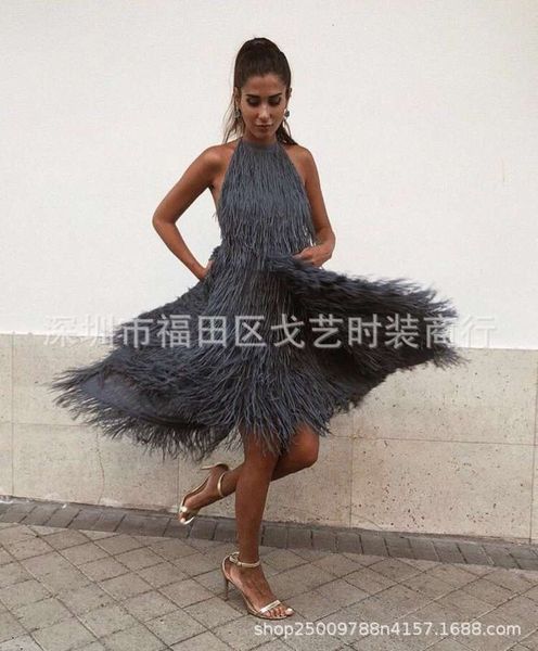 

backless neck tassel dress popular style, Black;gray