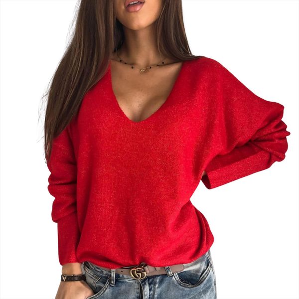 

dewadbow womens v neck women sweater long sleeve pullovers autumn fashion casual knitted loose solid jumper plus size, White;black