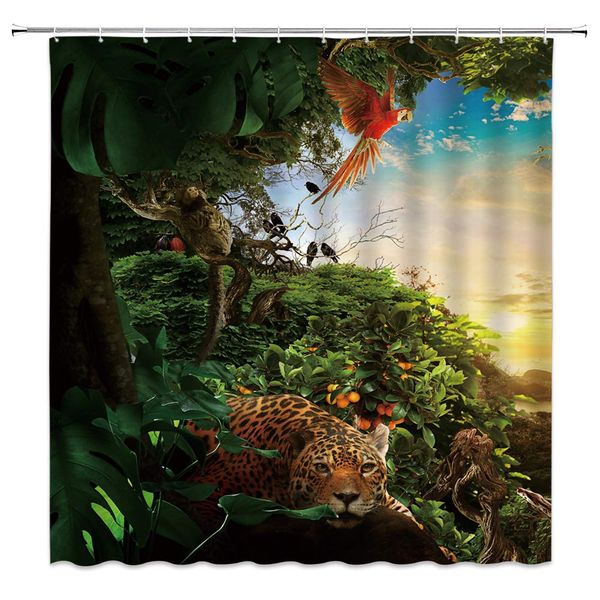 

jungle leopard shower curtain tropical safari jaguar parrot bird fruit tree sunset wildlife forest green fabric bath curtains