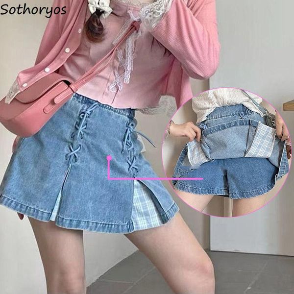 

skirts plaid denim mini women sweet cute criss-cross bandage a-line ins fashion skirt-short high waist casual tender chic, Black