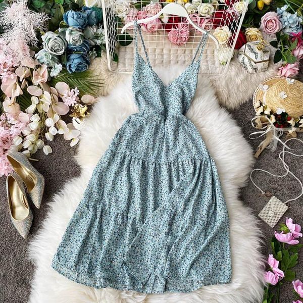 

casual dresses 2021 summer women's flower printing strap v collar waist chiffon fairy dress female elegant a-line beach, Black;gray