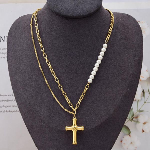 

pendant necklaces usa cross pearl necklace stainless steel thick and thin multilayer religious, Silver