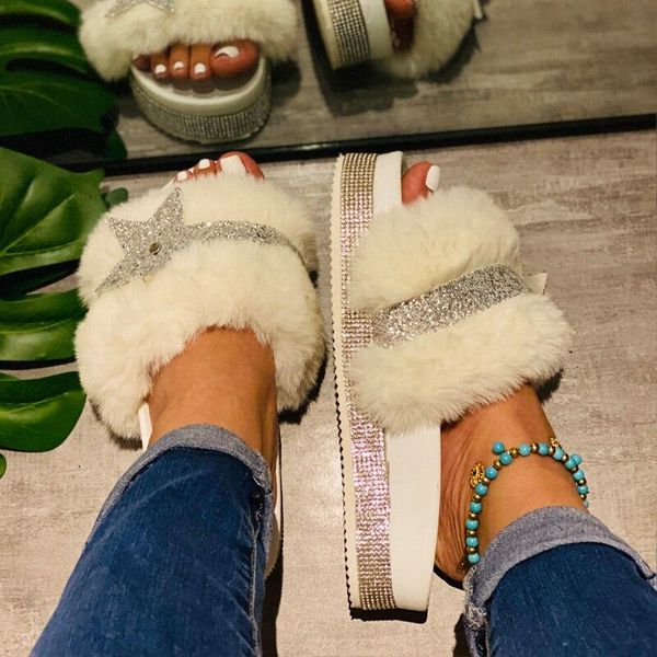

indoor women' casual shoes women fur slippers summer sandals slides for big size fluffy home flat female, Black